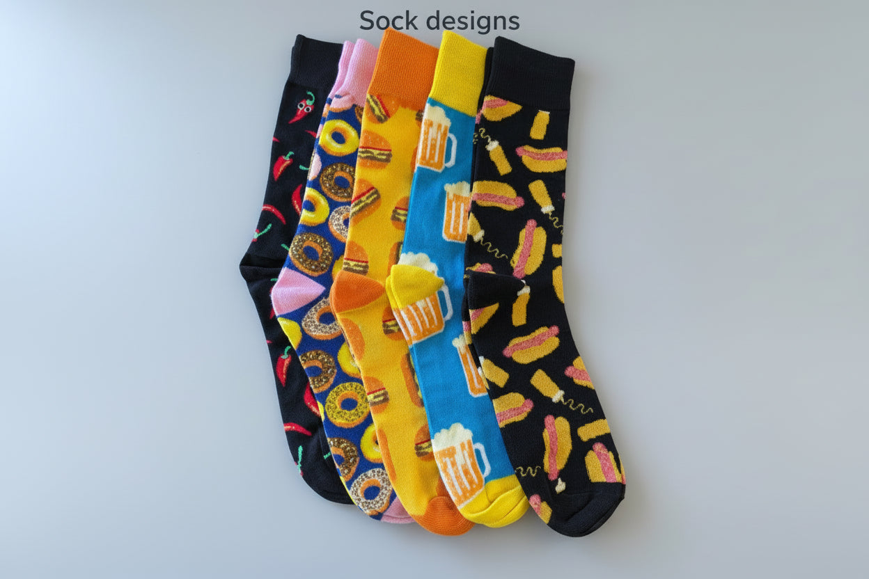 Stack of colorful socks with various food patterns on a dark background