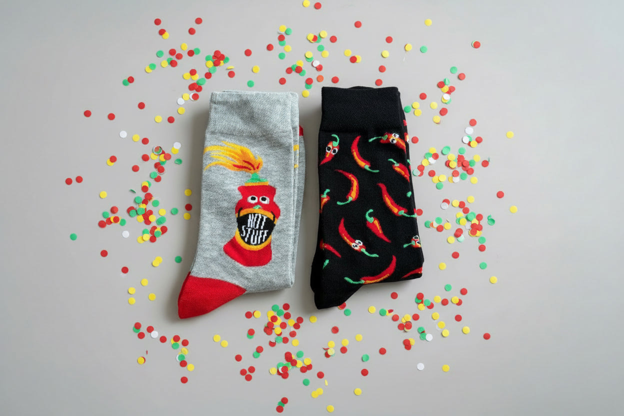 Two pairs of socks with chili pepper and cartoon design on a wooden surface
