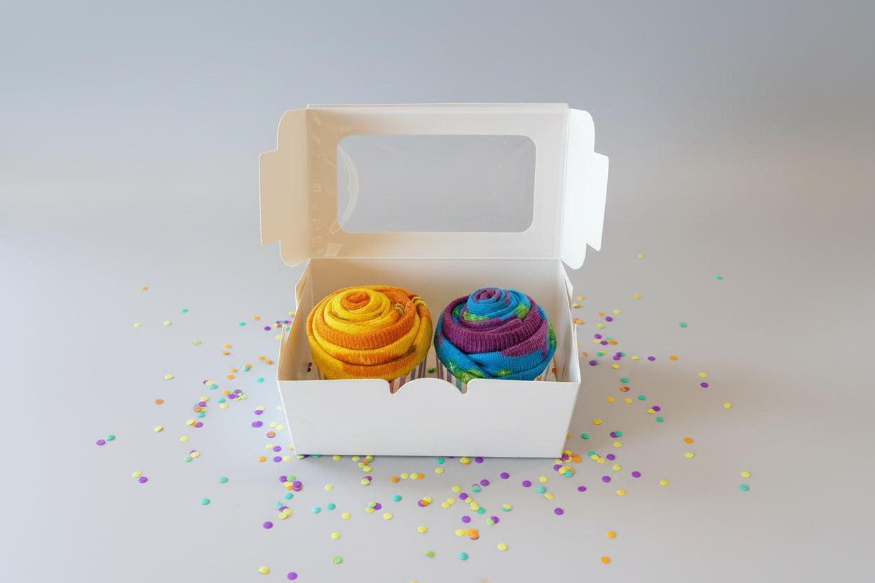 Two colorful sock cupcakes in a white box with a clear window on a light gray background.