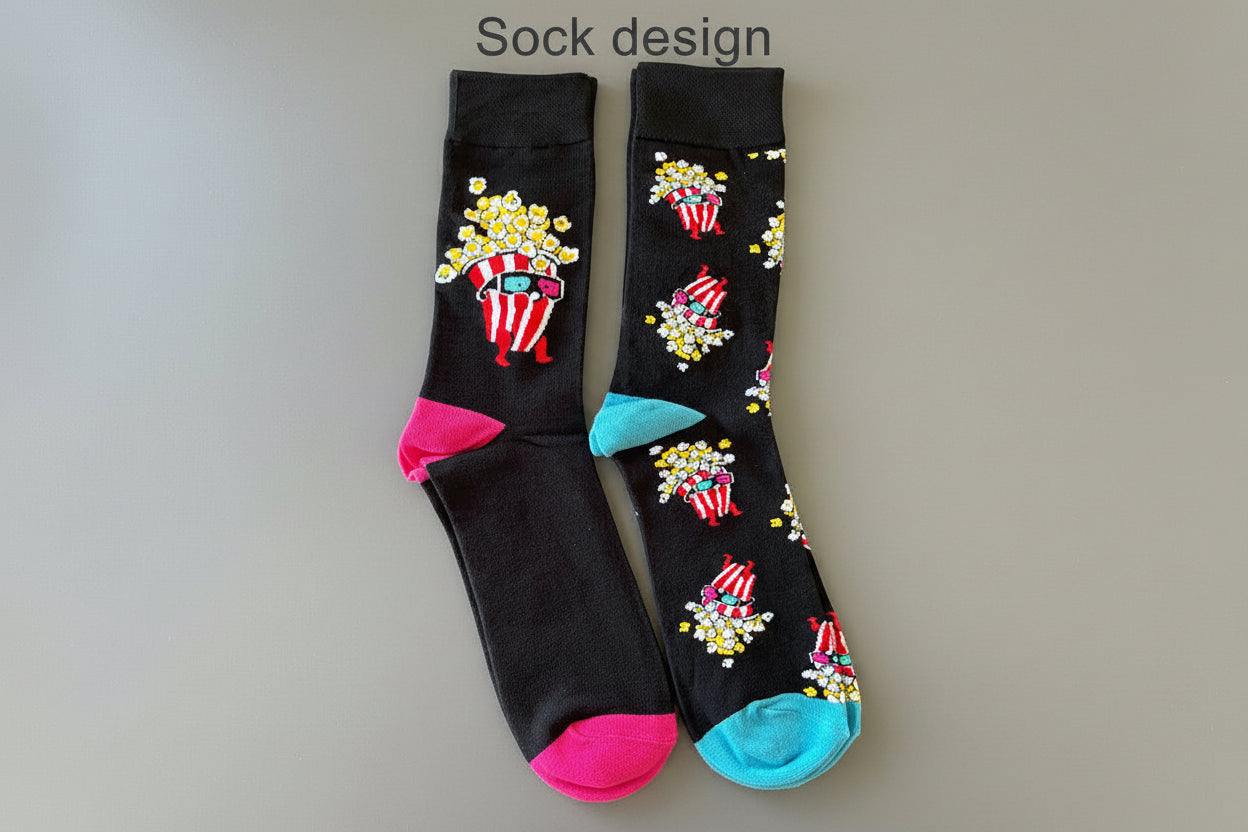 Black socks with colorful popcorn and bucket design on a gray background