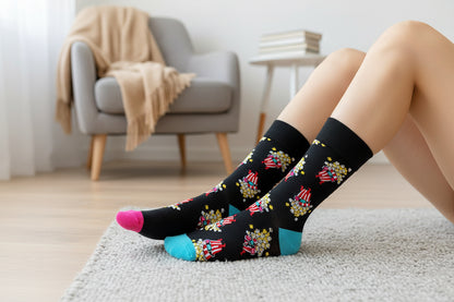 Black socks with colorful popcorn and bucket design on a gray background, sock cupcakes, unique gift
