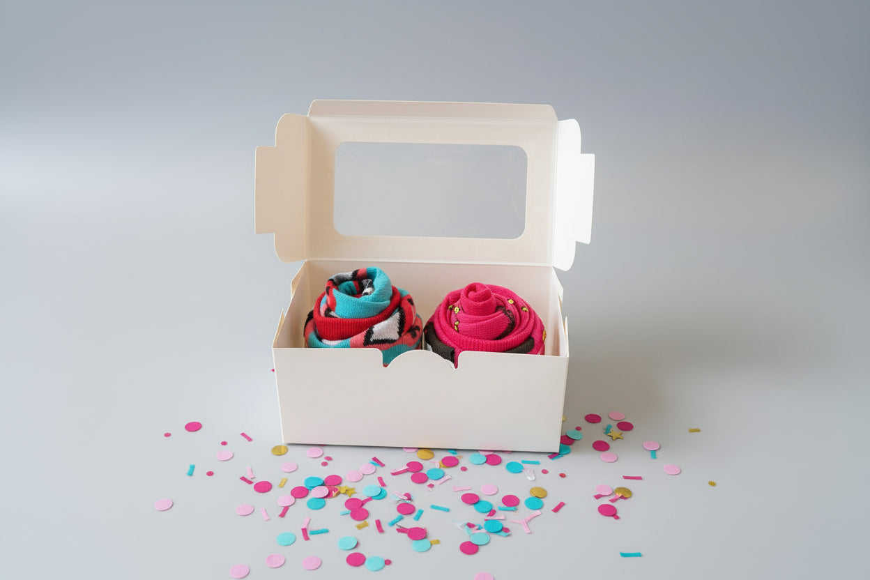 Two colorful sock cupcakes in a small white box with confetti on a light gray background