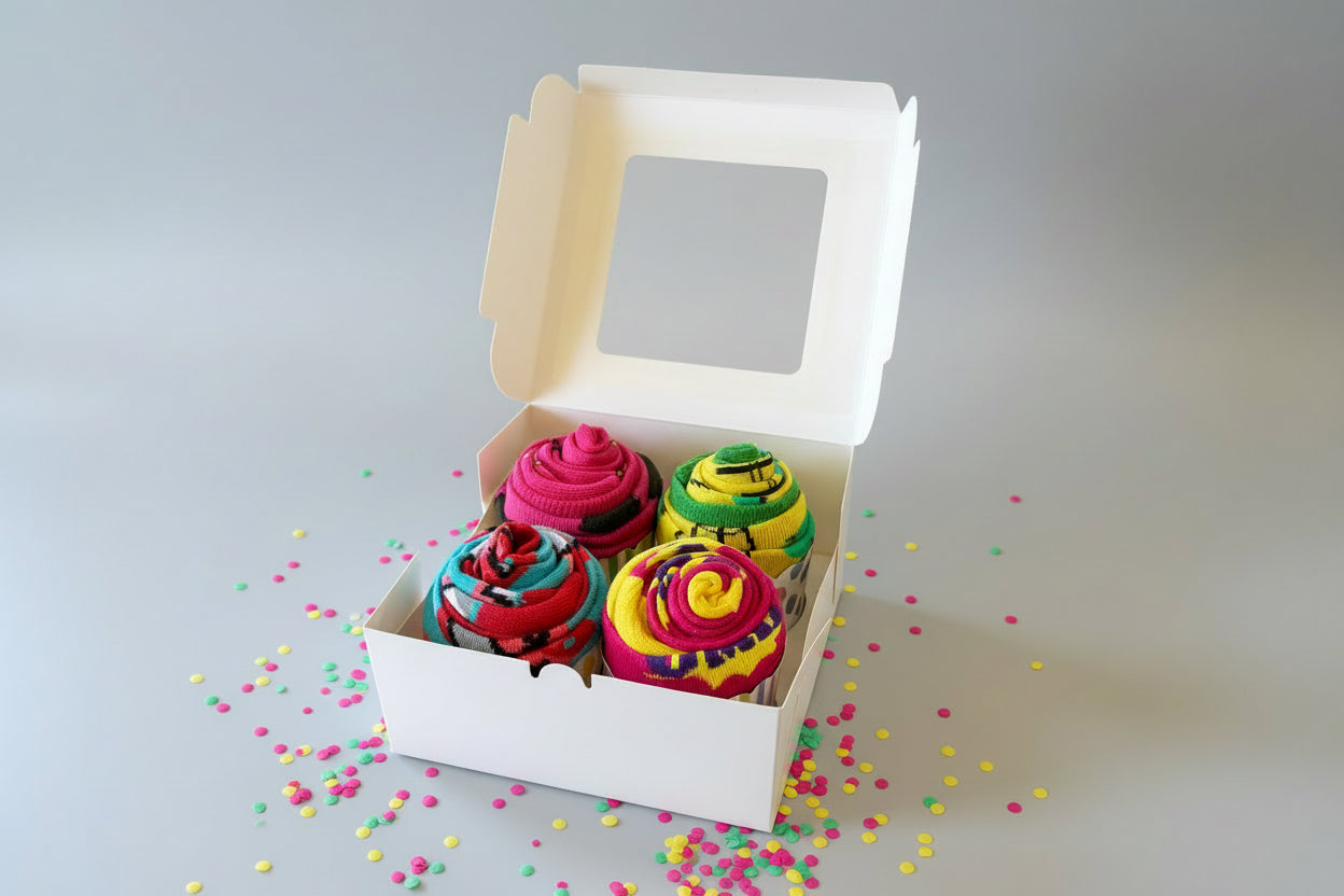 Colorful sock cupcakes in a white box with sprinkles on a gray background