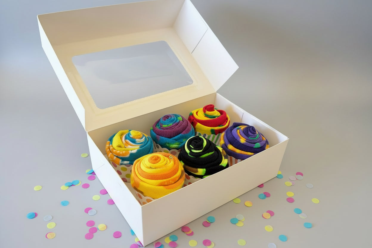 Colorful food themed cupcakes in a box with a neutral background