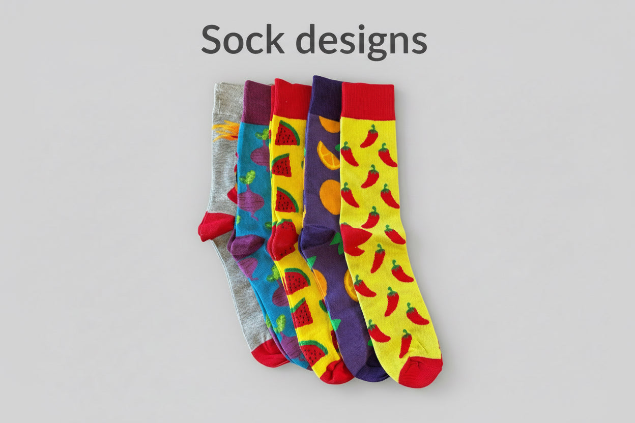 Stack of colorful socks with food patterns on a dark surface