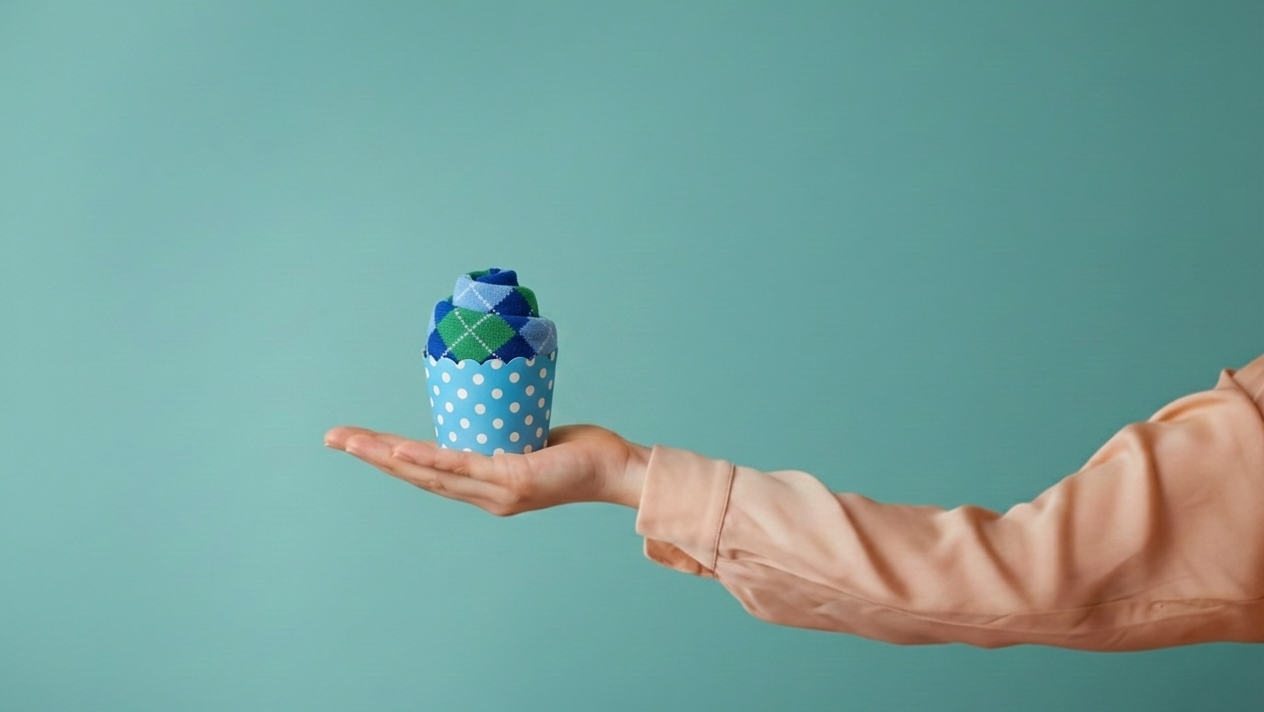 Hand holding a small blue sock cupcake-shaped container against a teal background