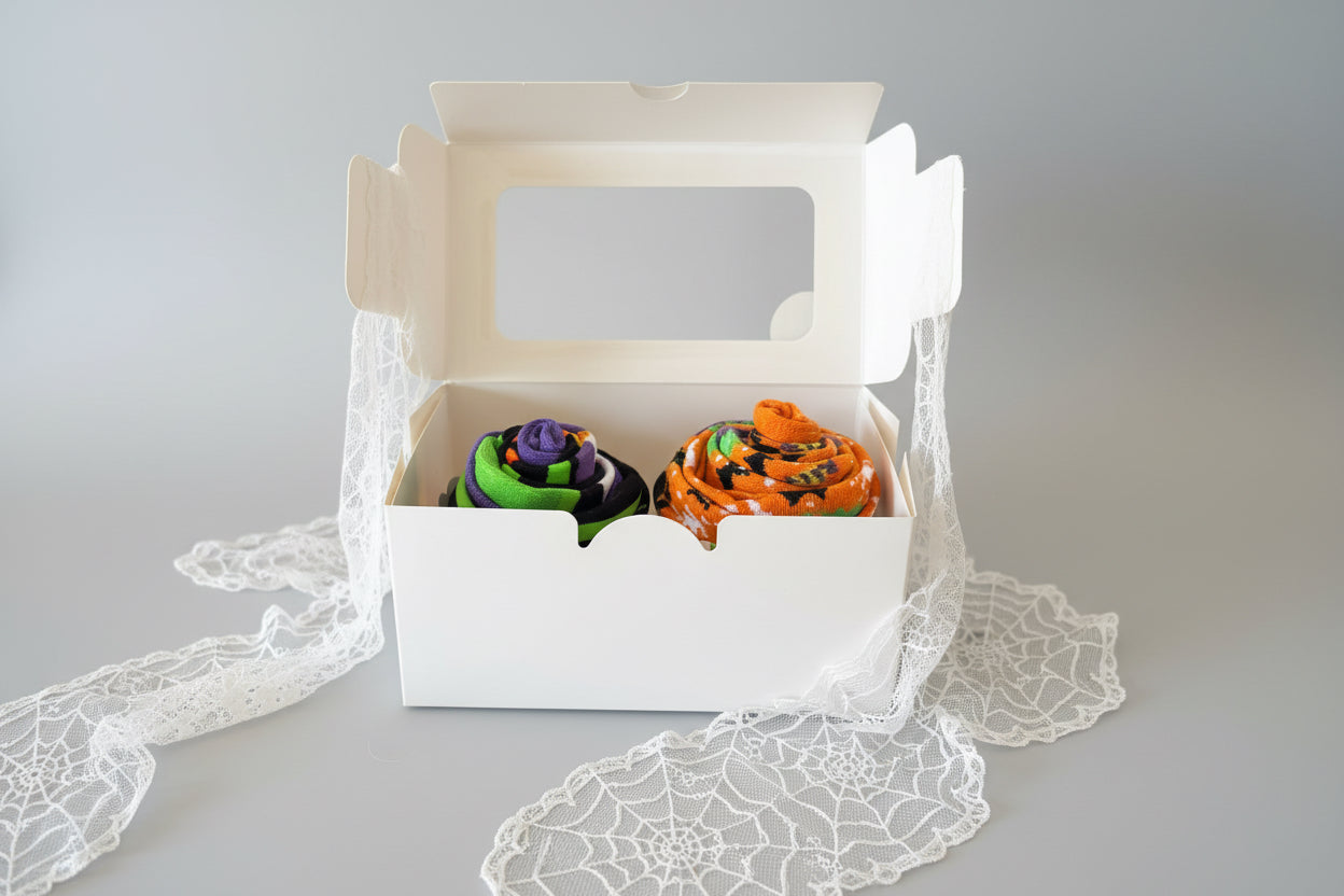 Two novelty cupcake-shaped socks displayed in a white cardboard gift box with a clear window, set against a dark background. Halloween themed