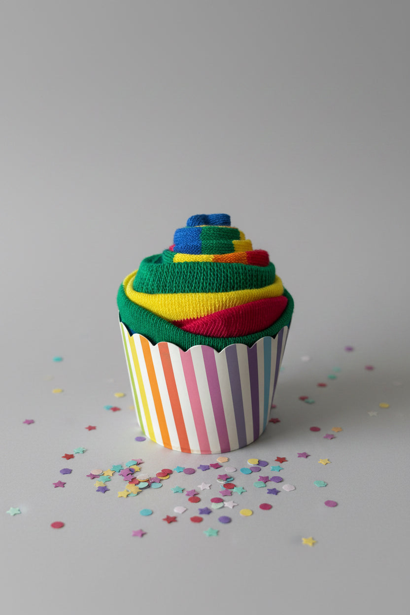 Colorful rainbow cupcake with striped wrapper 