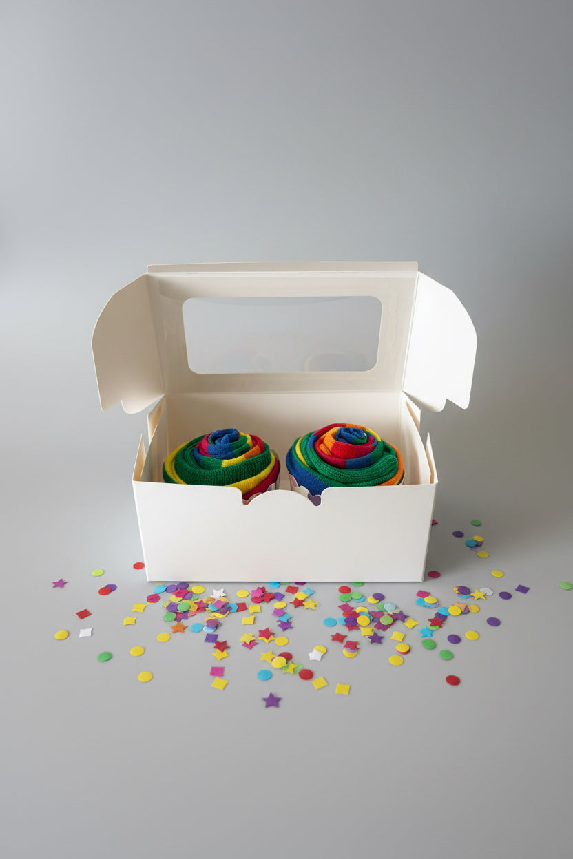 Two rainbow-colored cupcakes in a white box