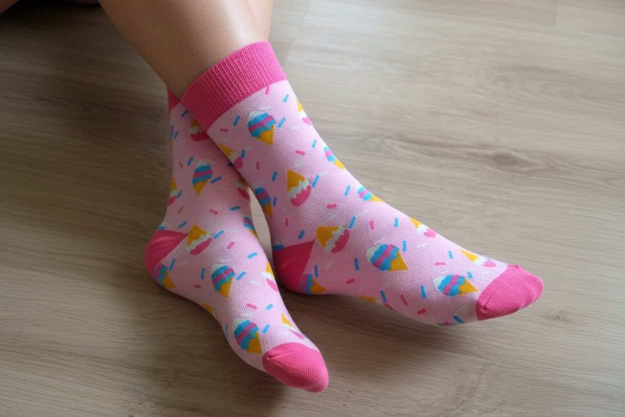 Colorful ice cream patterned sock on a wooden surface, unique gift, novelty, sock cupcake
