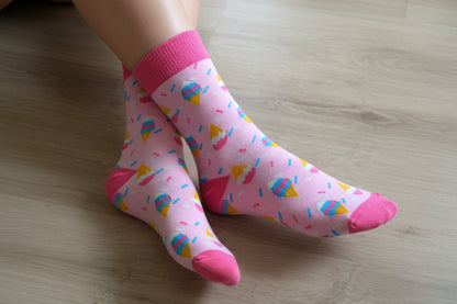 Colorful ice cream patterned sock on a wooden surface, unique gift, novelty, sock cupcake