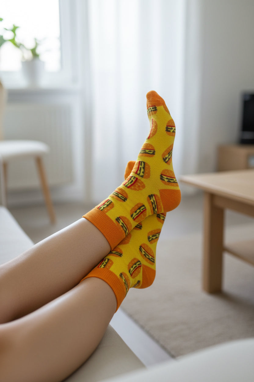 Yellow sock with hamburger pattern on a wooden surface. unique gift