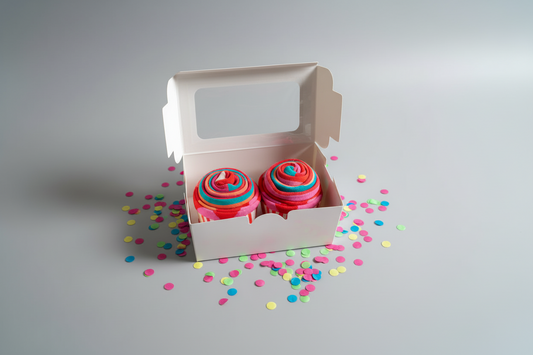 Two colorful sock cupcakes in a white box with confetti on a light gray background. unique gift