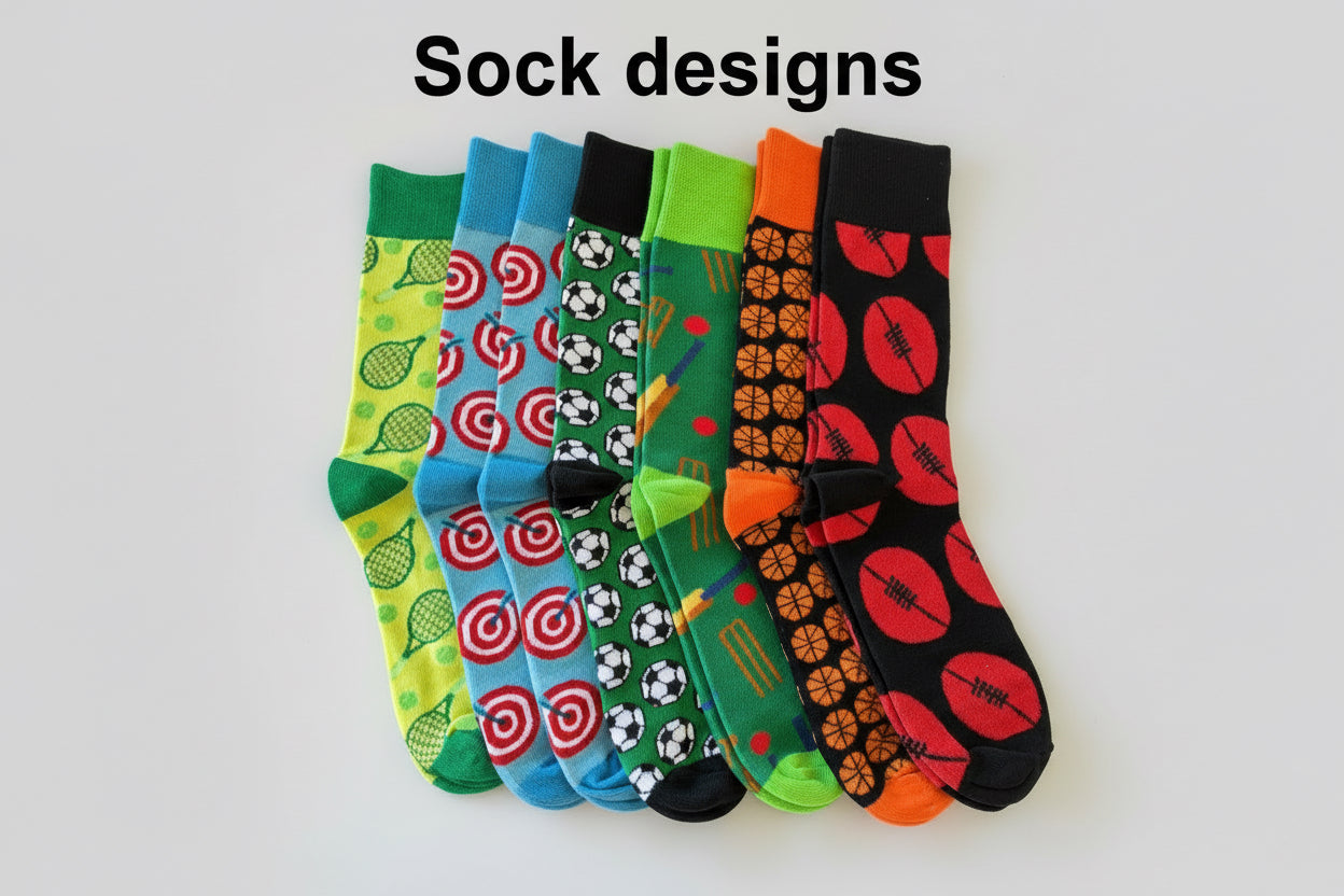Stack of colorful patterned sport themed socks on a gray background