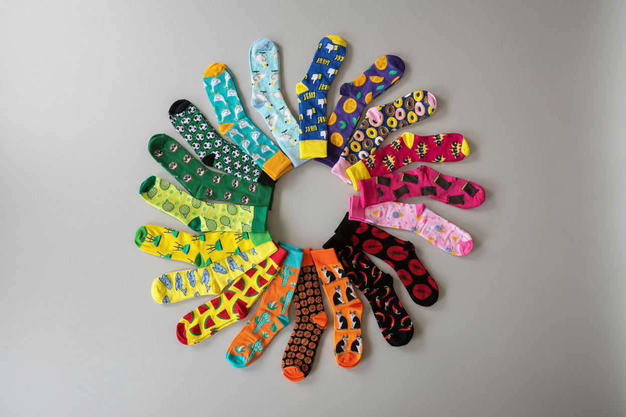 Colorful patterned socks arranged in a circular pattern on a gray background