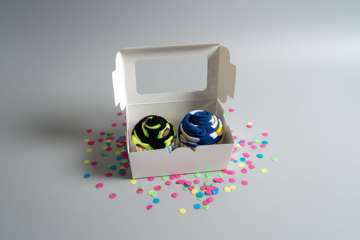 Two pairs of socks rolled like cupcakes in a white box on a wooden surface