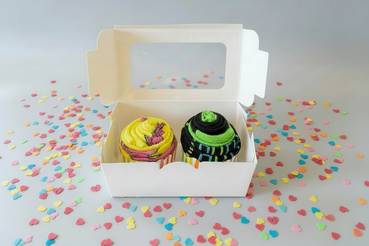 Two colorful sock cupcakes in a white box on a gray surface with heart-shaped confetti.