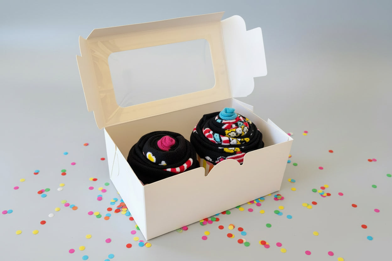 Two popcorn themed sock cupcakes in a cardboard box with colorful confetti on a light gray background